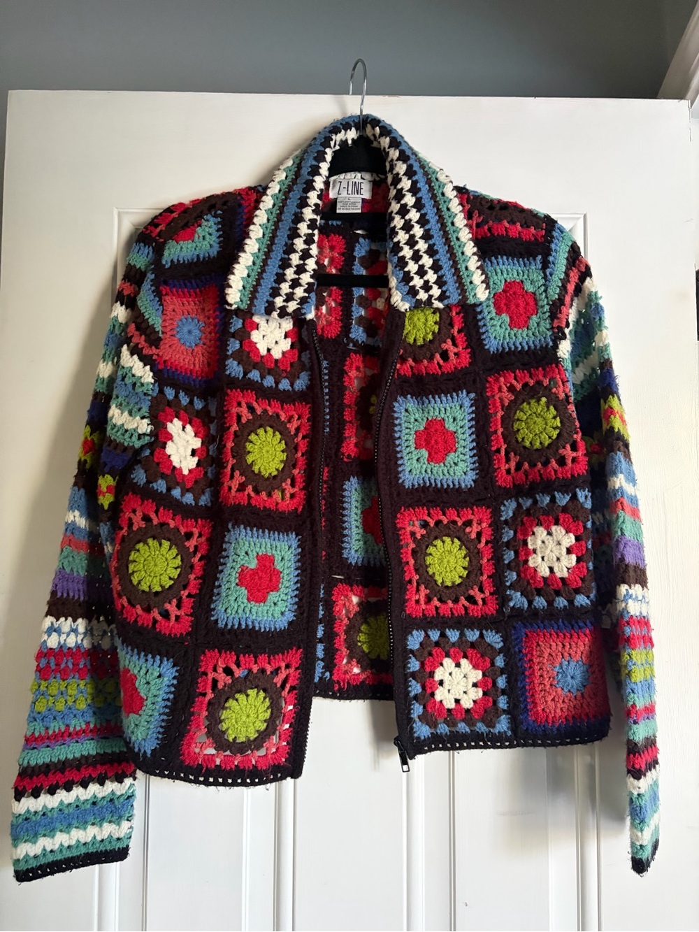 Vintage Multicolor Crochet Teddy Jacket - Patchwork Squares